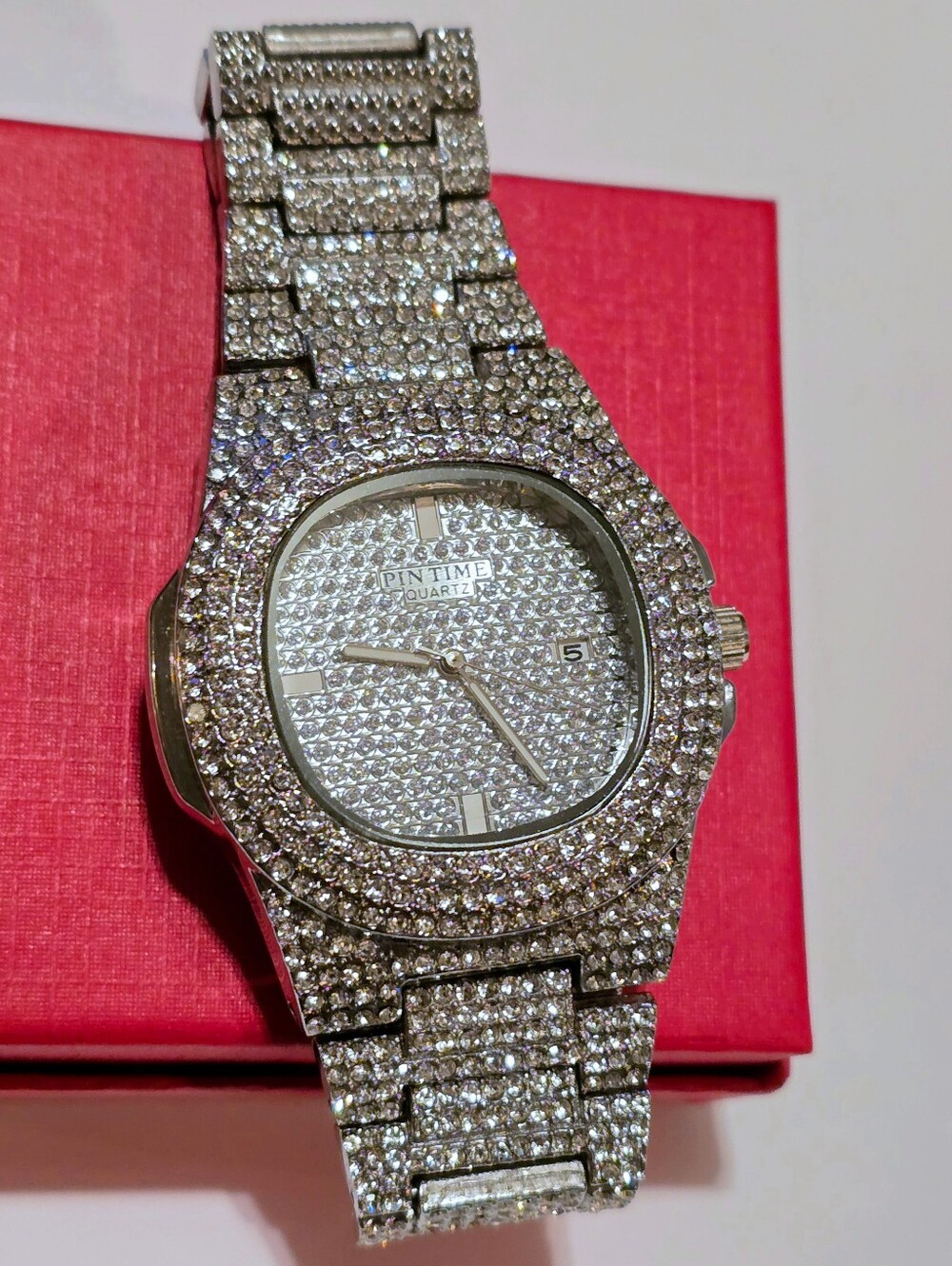 Watch with crystals silver tone bling ice iced out stainless steel Pin Time